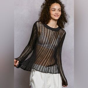 Charcoal Openwork Round Neck Knit Cover Up